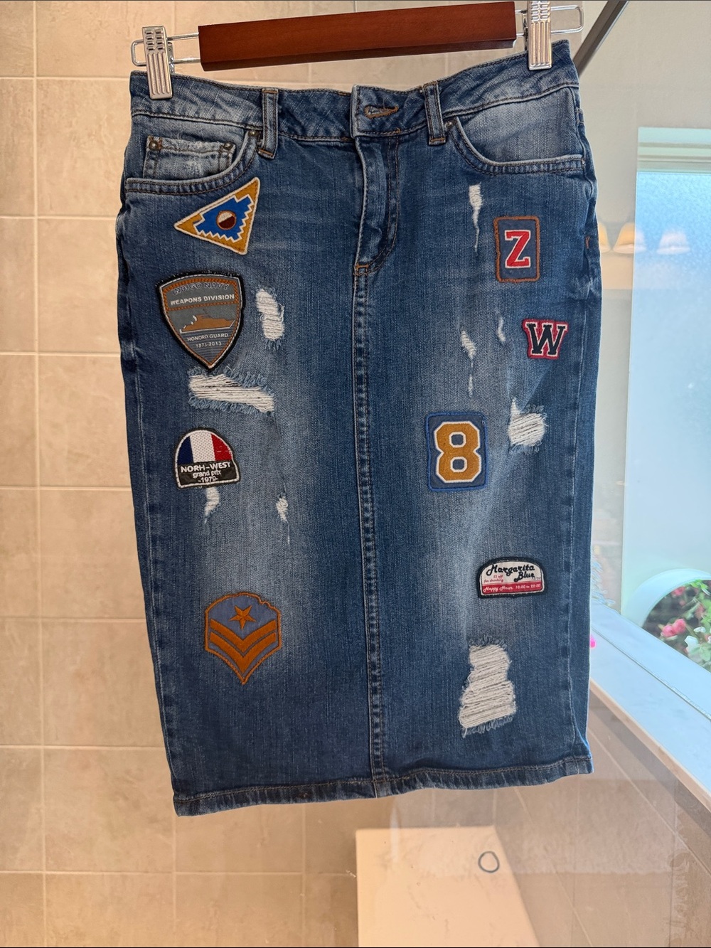 Zara Blue Distressed Denim Pencil Skirt with Patchwork Accents